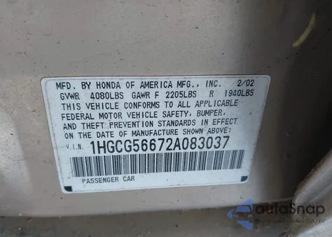 2002 Honda Accord 2.3 Ex from USA, damaged, VIN 1HGCG56672A083037